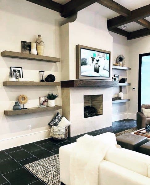 Unique Television Wall With Fireplace And Wood Shelves