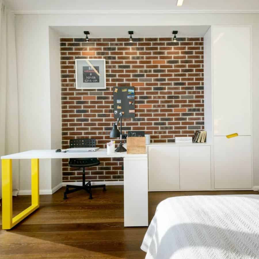 brick wall paper white desk bedroom