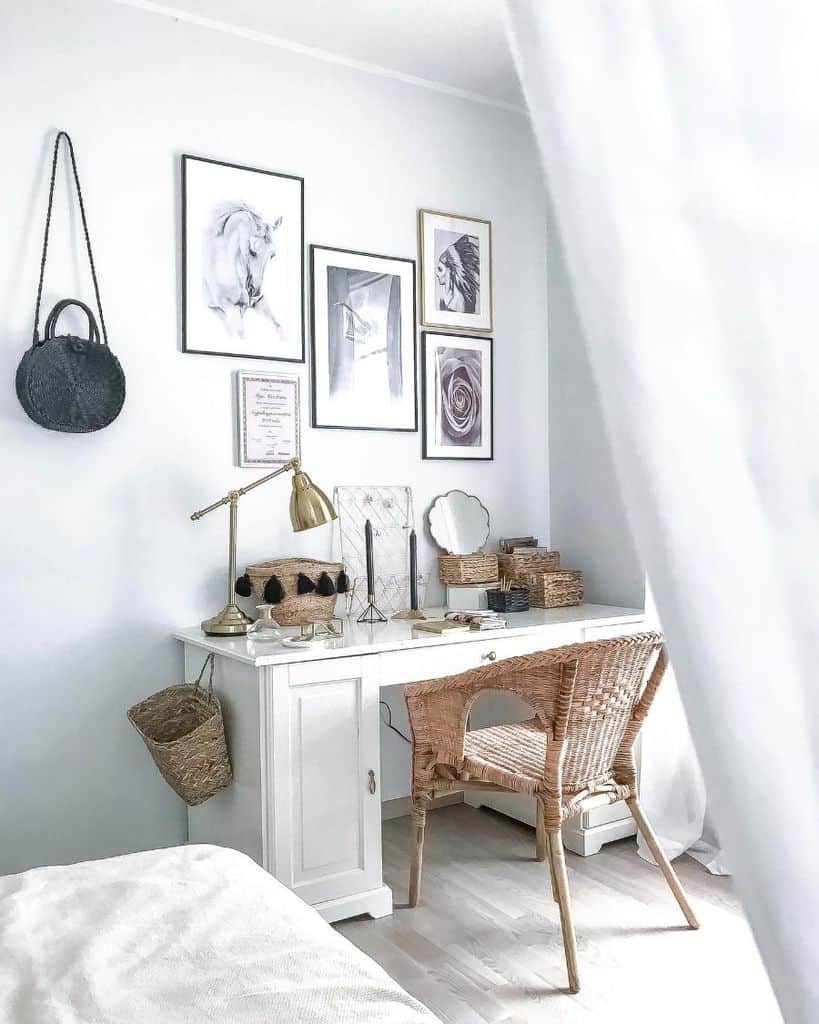 vanity desk bedroom wicker chair framed wall art