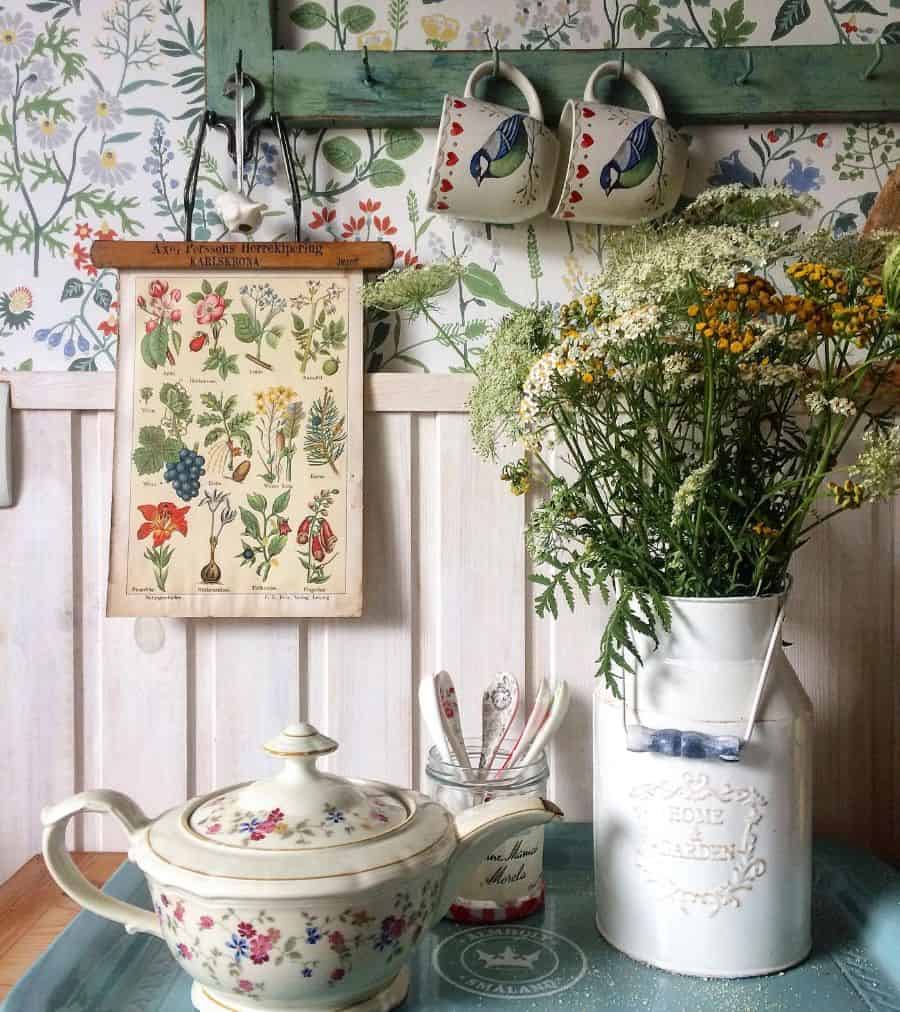 vintage kitchen floral wallpaper teapot milk can as vase 