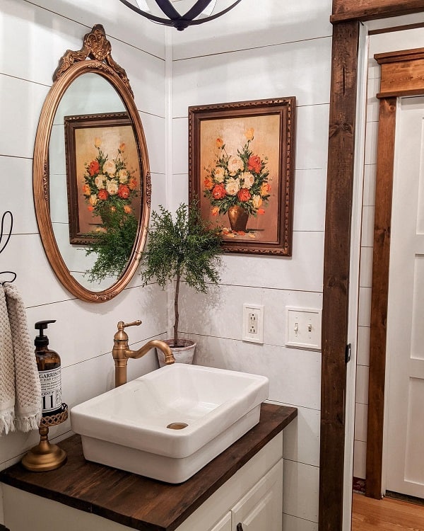 shiplap wall country style powder room 