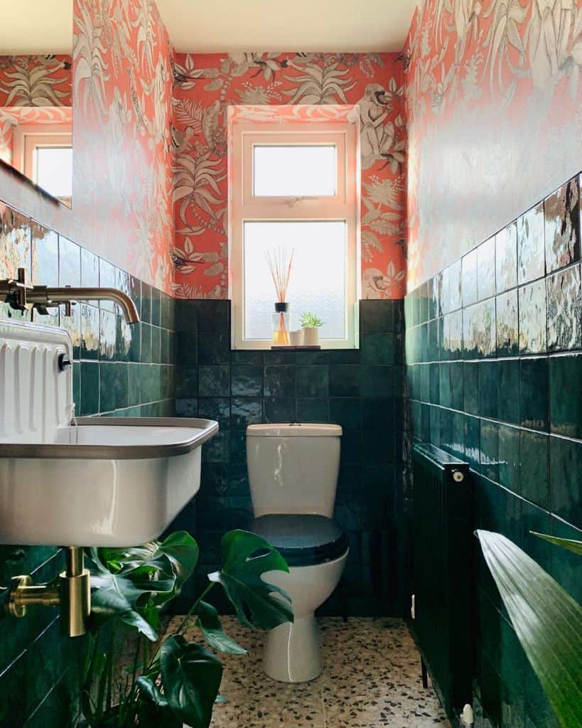 floral bathroom wallpaper green tiles plants
