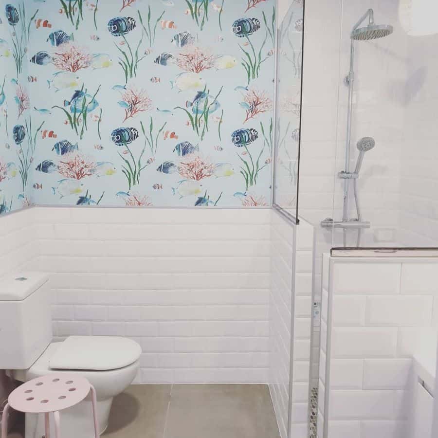 underwater wallpaper white brick bathroom 