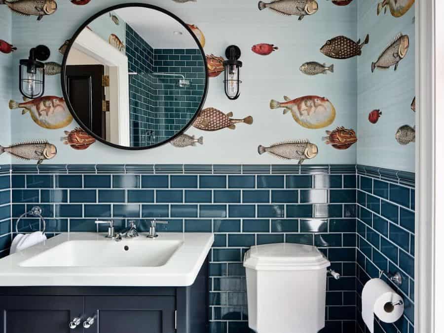 fish wallpaper blue bricks marine theme bathroom 