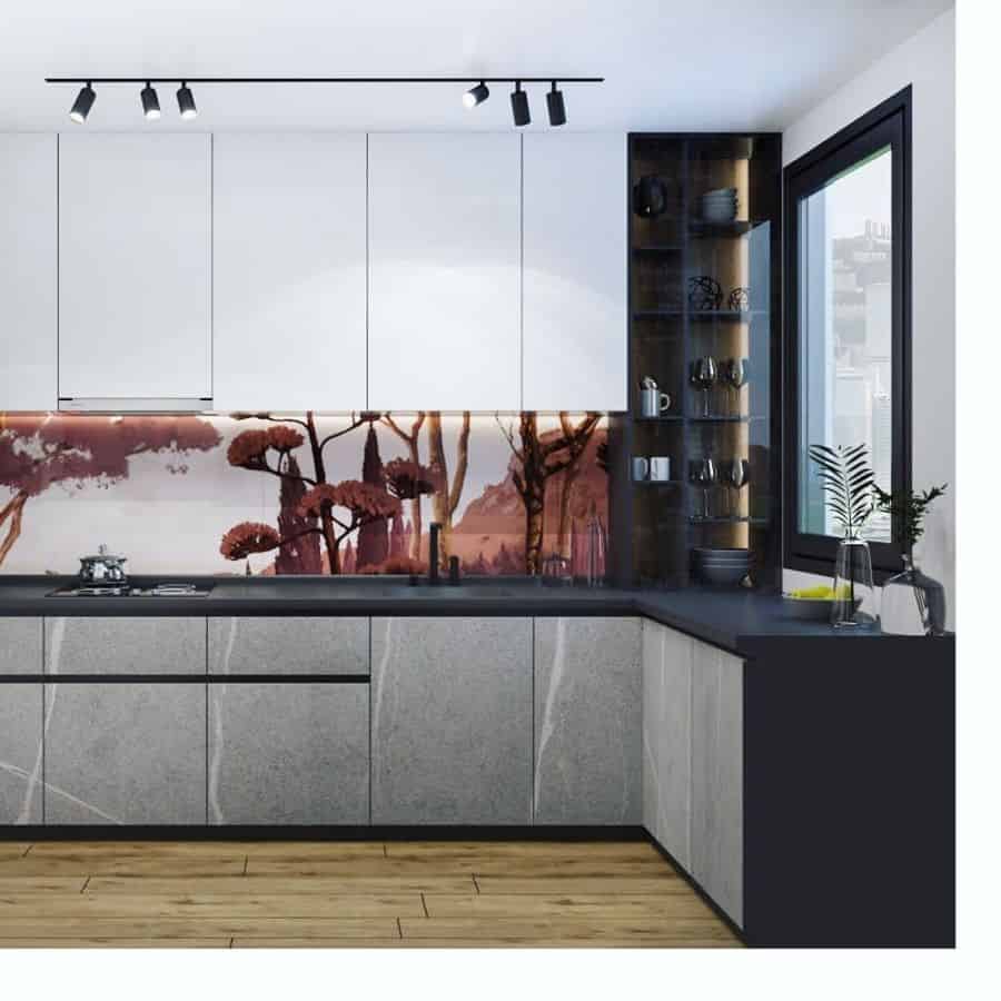 red forest wallpaper backsplash modern kitchen 