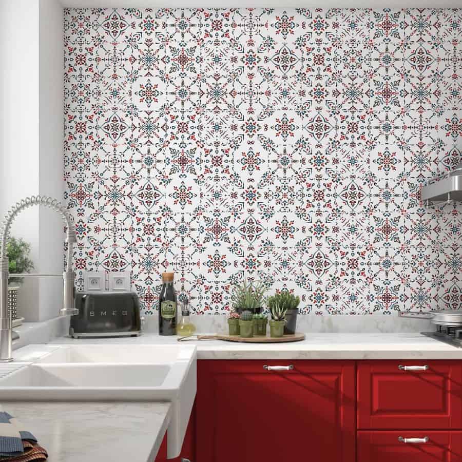 abstract pattern wallpaper kitchen wall decor ideas red cabinets white apron sink 