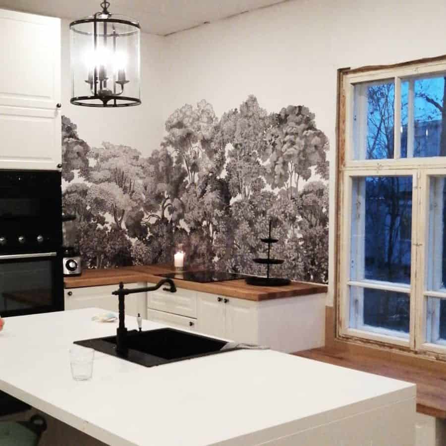 black and white forest wallpaper accent wall modern kitchen 