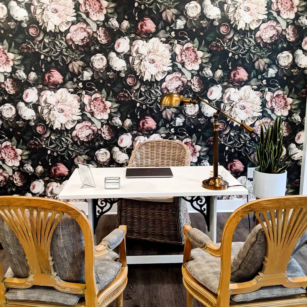 floral wallpaper in small office setup