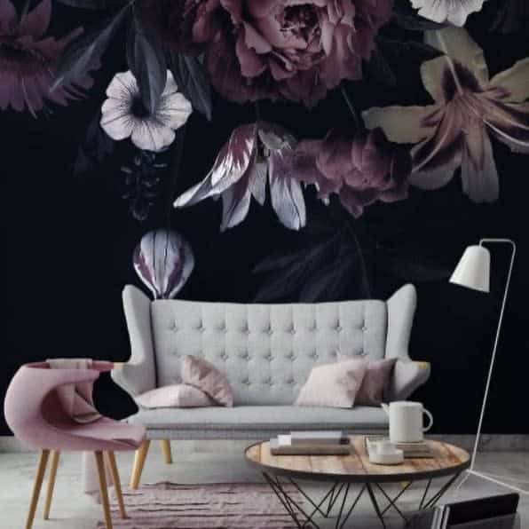 floral wallpaper gray sofa pink accent chair living room 