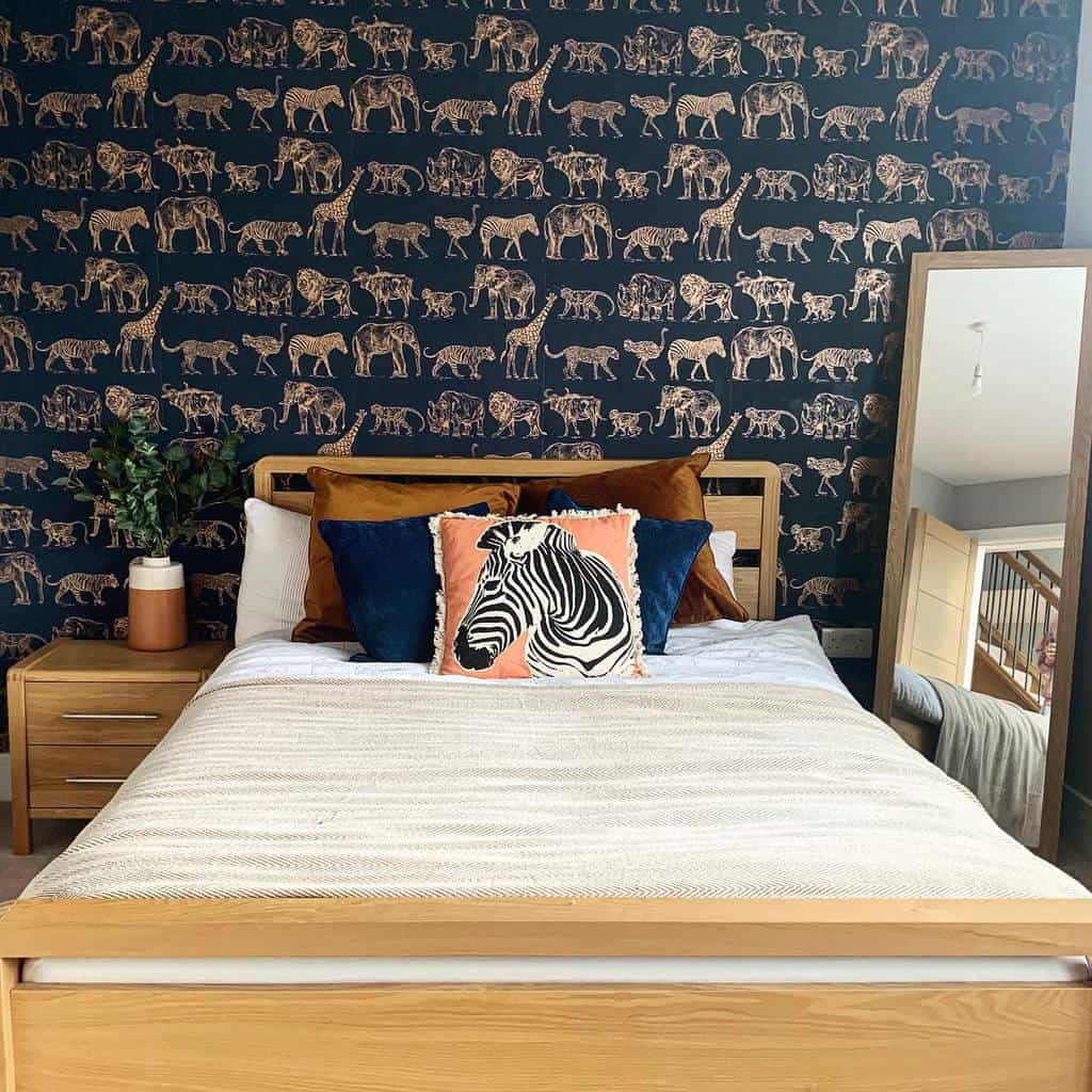 animal wallpaper with metallic prints kid bedroom mirror