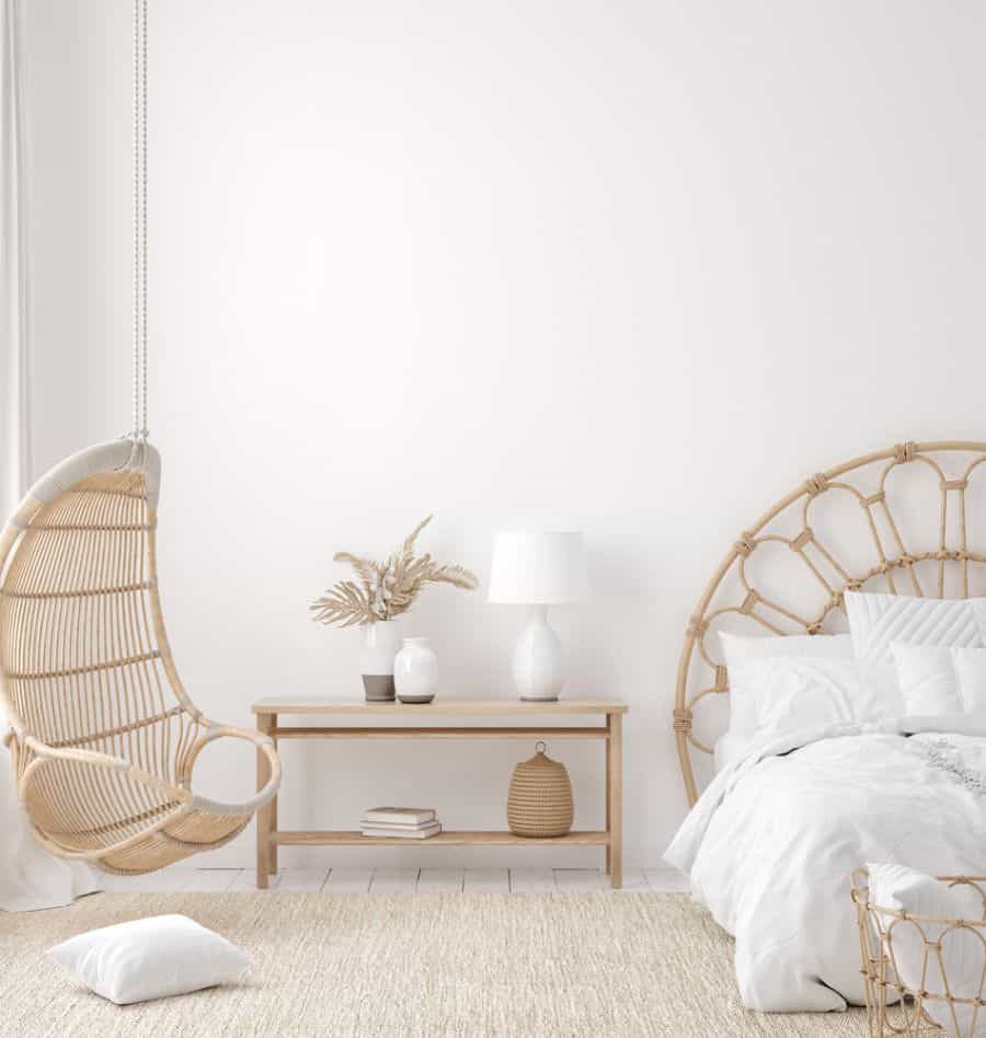 minimalist bedroom hanging egg chair wicker bed frame