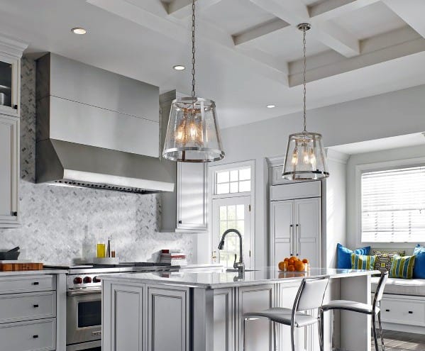White Coffered Kitchen Ceiling Ideas With Double Large Pendants