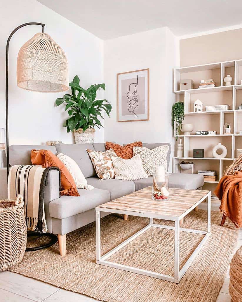 boho style living room recessed shelves gray sofa pot plant 