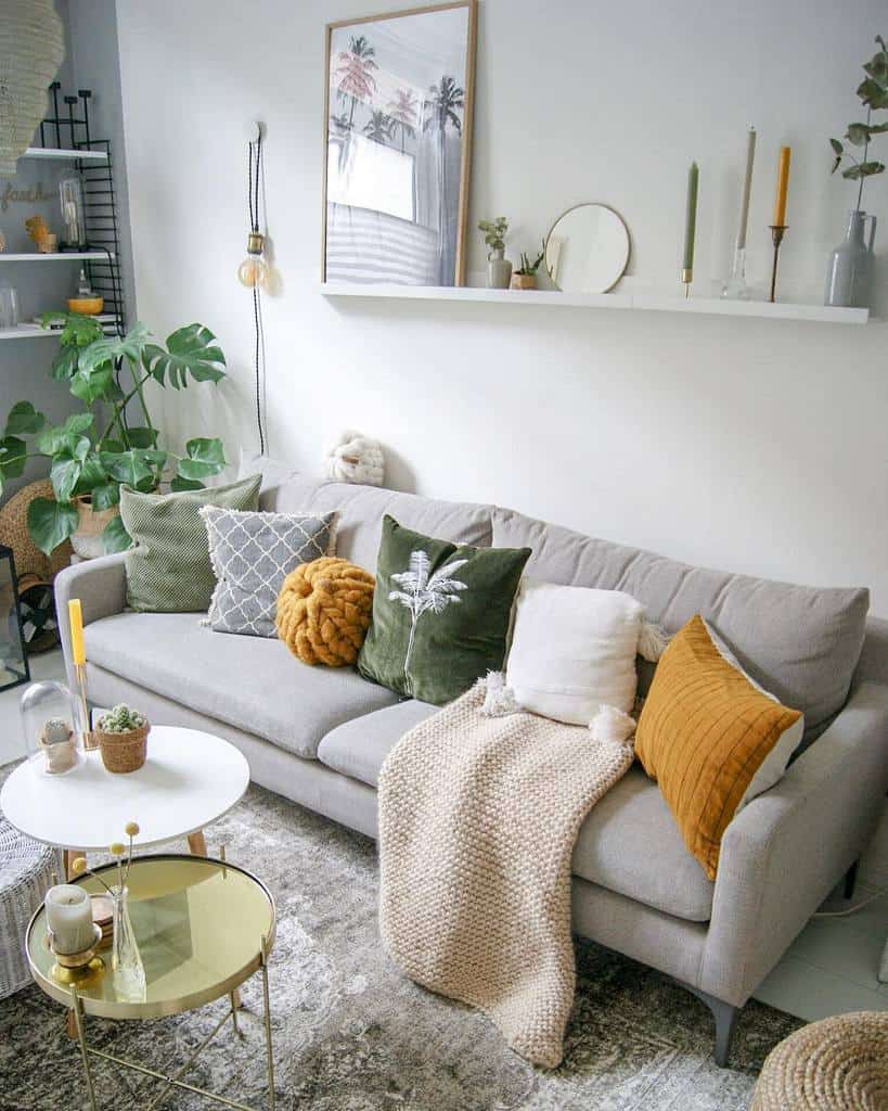 white living room gray sofa white coffee table wall shelf 