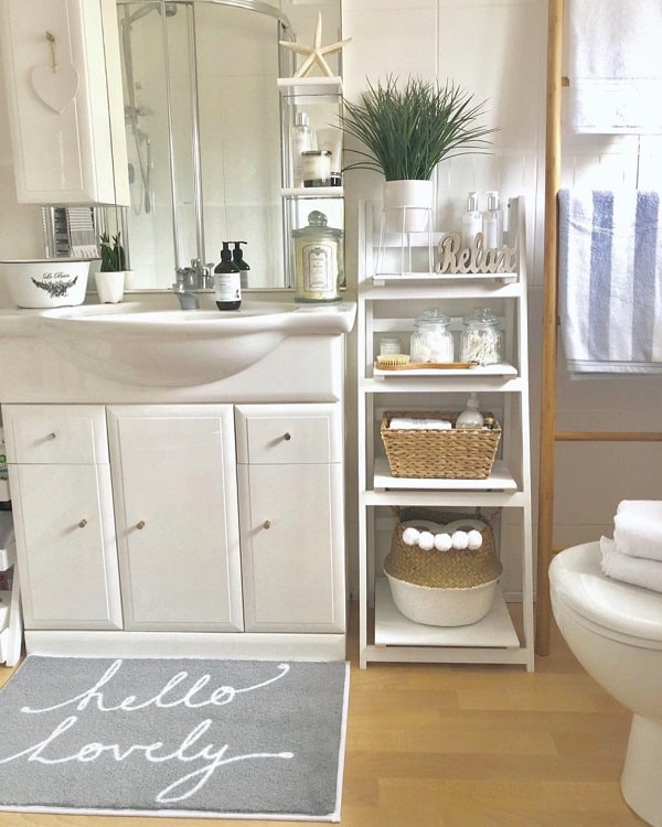white bathroom rack storage white cabinets vanity