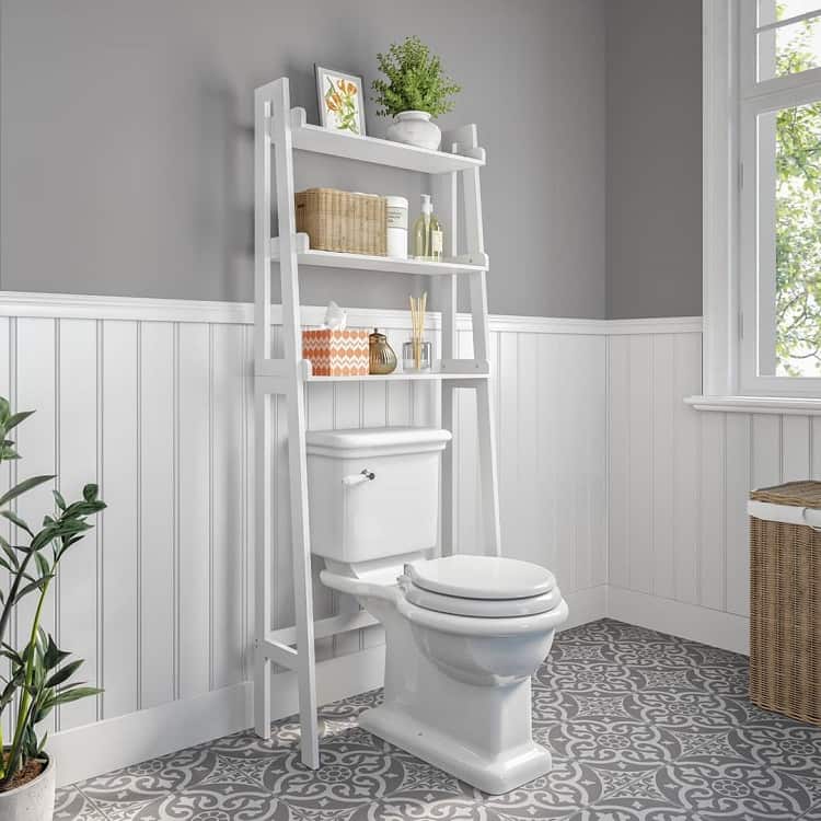 white rack and shelving above toilet