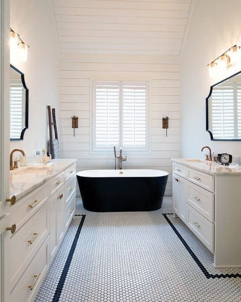 white shiplap walls master bathroom 