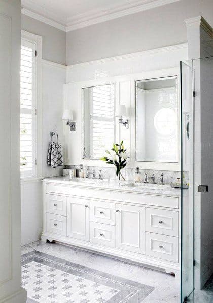 cottage style white bathroom dual vanity 