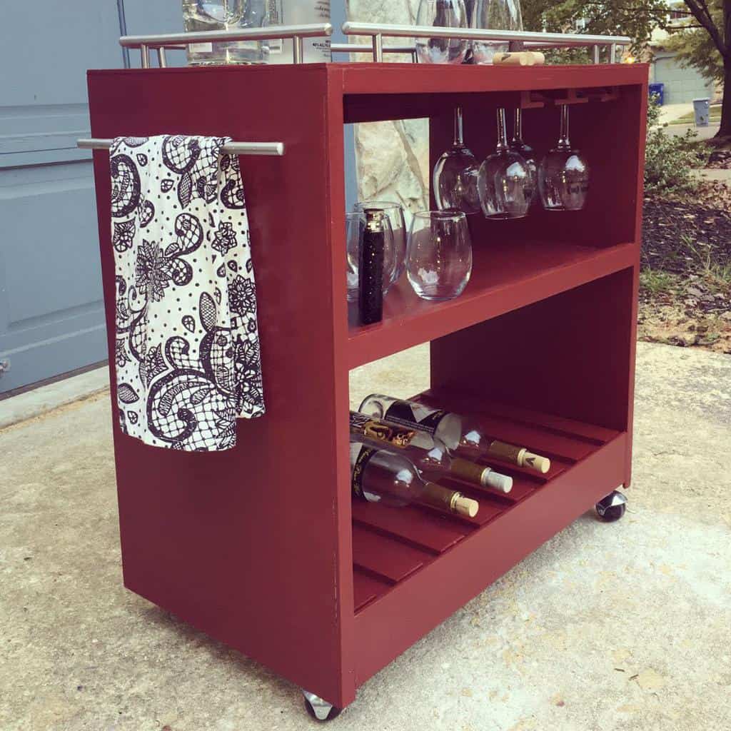simple red wooden bar cart