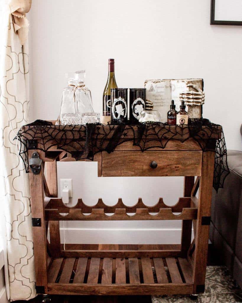 wooden bar cart and wine rack