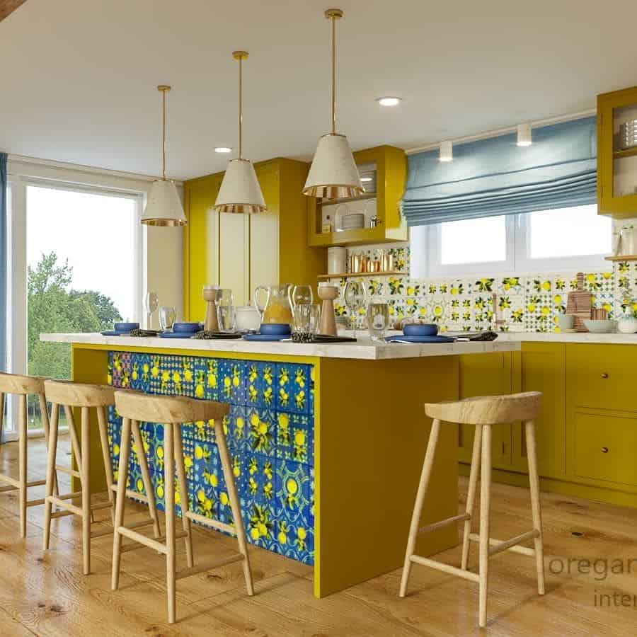 bright yellow kitchen with lemon splashback tiles and four wood stools 