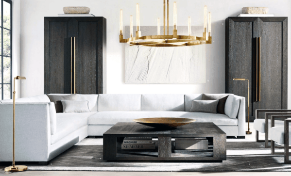 contemporary living room l-shape white couch wood coffee table gold chandelier